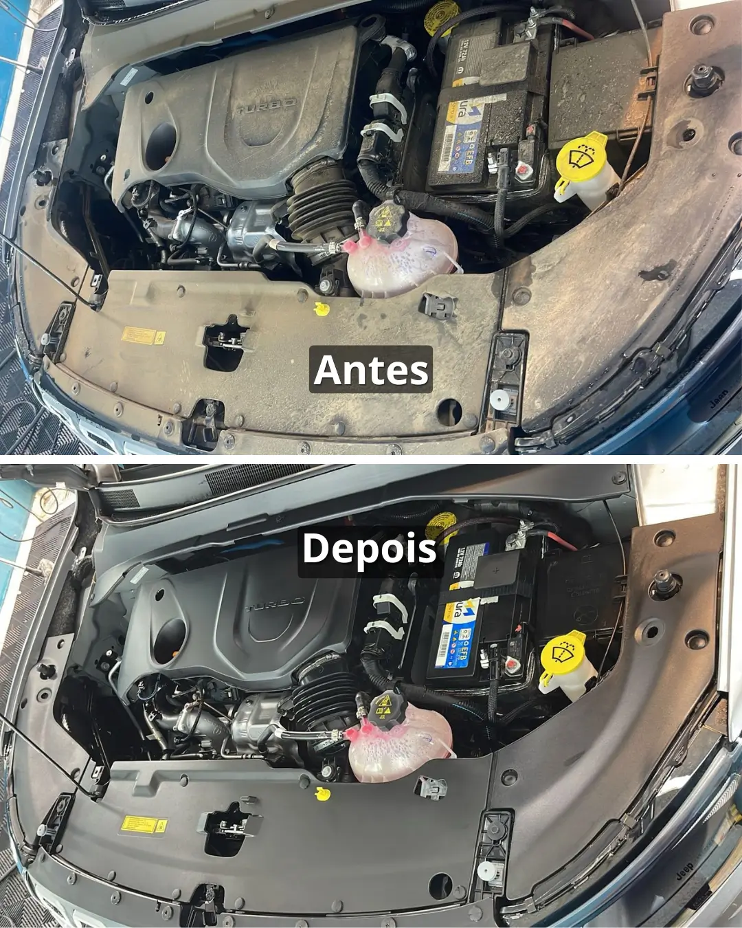 Antes e depois da lavagem de motor